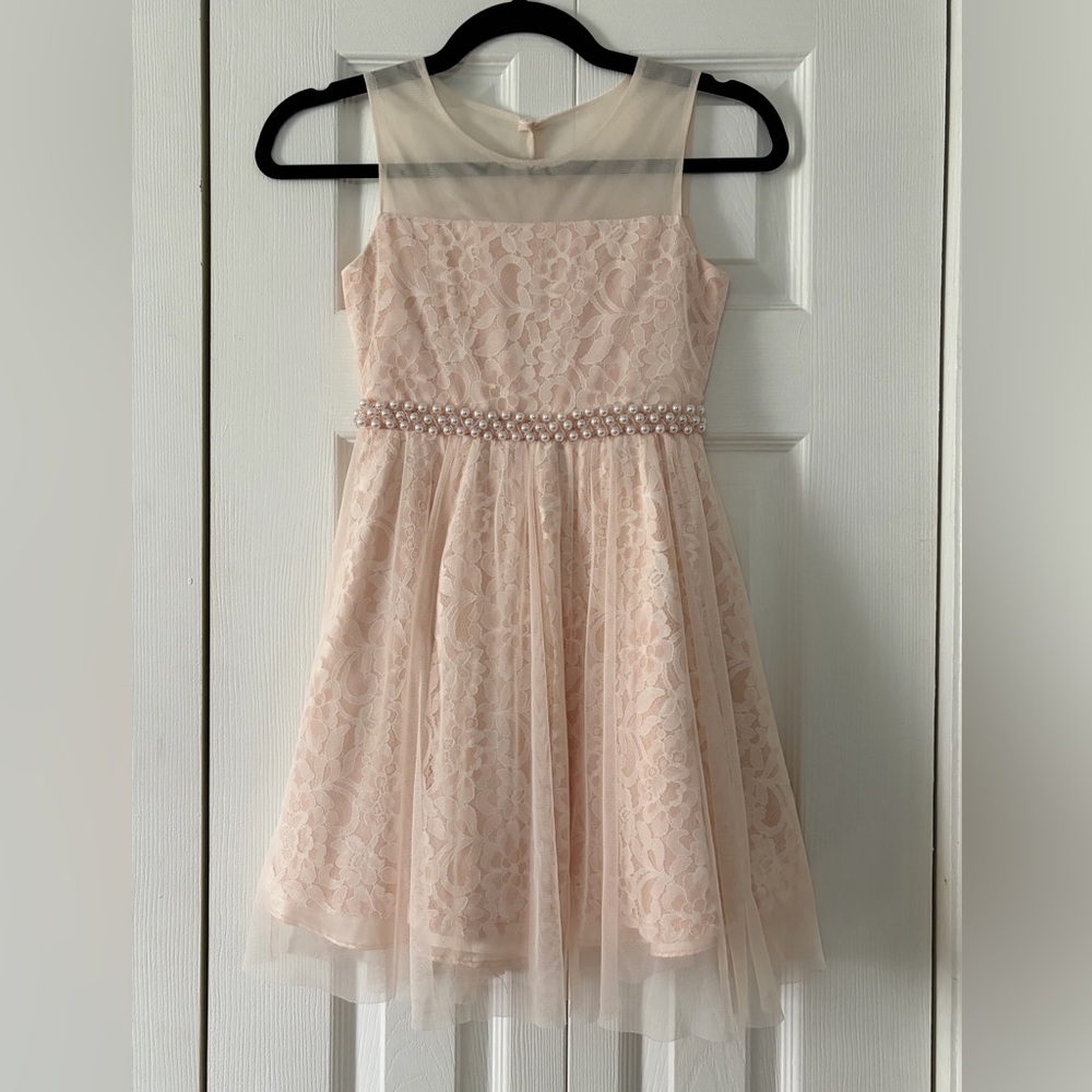 Girls' Pearl-Trim Lace Tulle Dress in Blush Pink